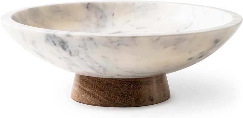 Cork & Mill Marble Decorative Bowl for Home Decor - Handcrafted Natural Stone with Acacia Wood Pedestal - Versatile 11" Catch All for Entryway, Kitchen Fruit Bowl, Potpourri, Dining Table Centerpiece - Image 1